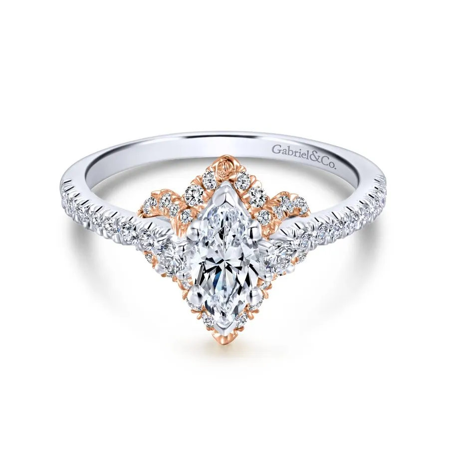 14K White-Rose Gold Marquise Halo Diamond Engagement Ring