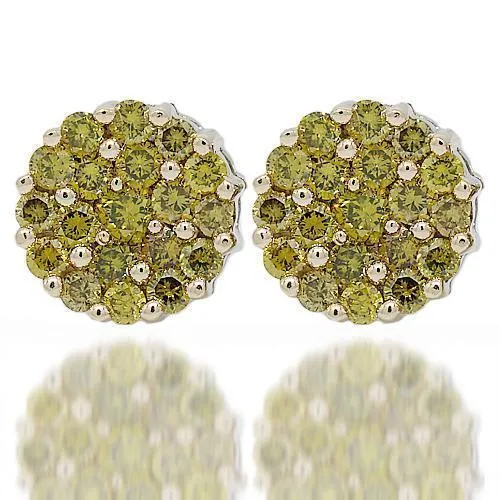 14K White Solid Gold Cluster Yellow Diamond Stud Earrings 1.50 Ctw