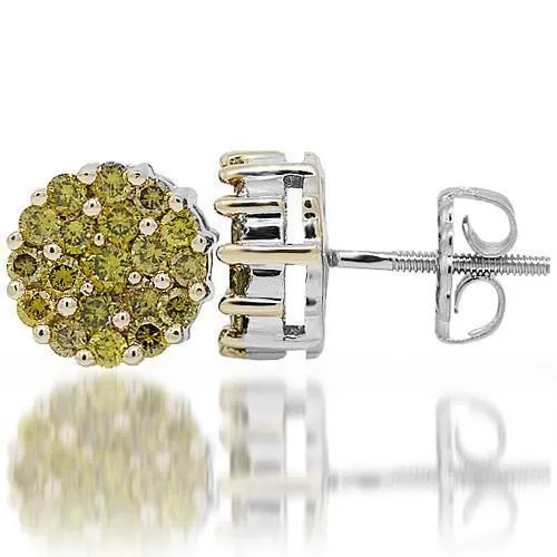 14K White Solid Gold Cluster Yellow Diamond Stud Earrings 1.50 Ctw