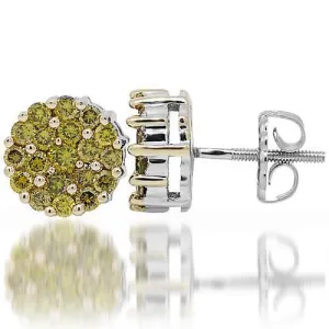 14K White Solid Gold Cluster Yellow Diamond Stud Earrings 1.50 Ctw