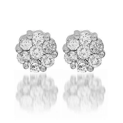 14K White Solid Gold Diamond Cluster Stud Earrings 2.00 Ctw