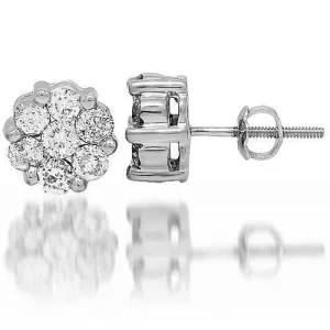 14K White Solid Gold Diamond Cluster Stud Earrings 2.00 Ctw
