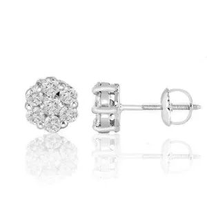 14K White Solid Gold Round Cut Prong Diamond Cluster Earrings 1.40 Ctw