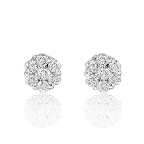 14K White Solid Gold Round Cut Prong Diamond Cluster Earrings 1.40 Ctw