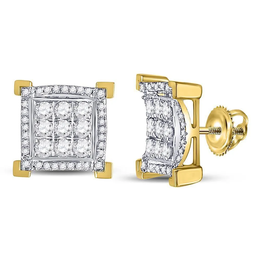 14K Yellow Gold Mens Round Diamond Square Frame Cluster Earrings 1.00 Cttw