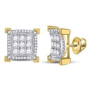 14K Yellow Gold Mens Round Diamond Square Frame Cluster Earrings 1.00 Cttw