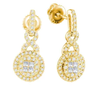 14K Yellow Gold Princess Round Diamond Soleil Cluster Dangle Earrings 1/2 Cttw