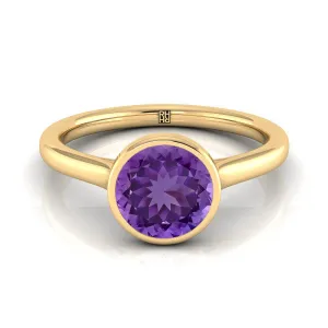 14K Yellow Gold Round Brilliant Amethyst Simple Bezel Solitaire Engagement Ring