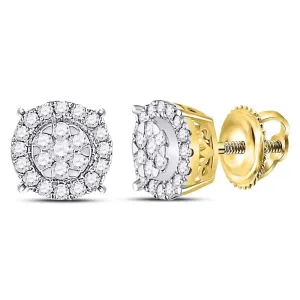 14K Yellow Gold Round Diamond Circle Cluster Earrings 1/4 Cttw