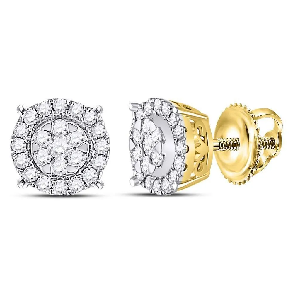 14K Yellow Gold Round Diamond Circle Cluster Earrings 1/4 Cttw