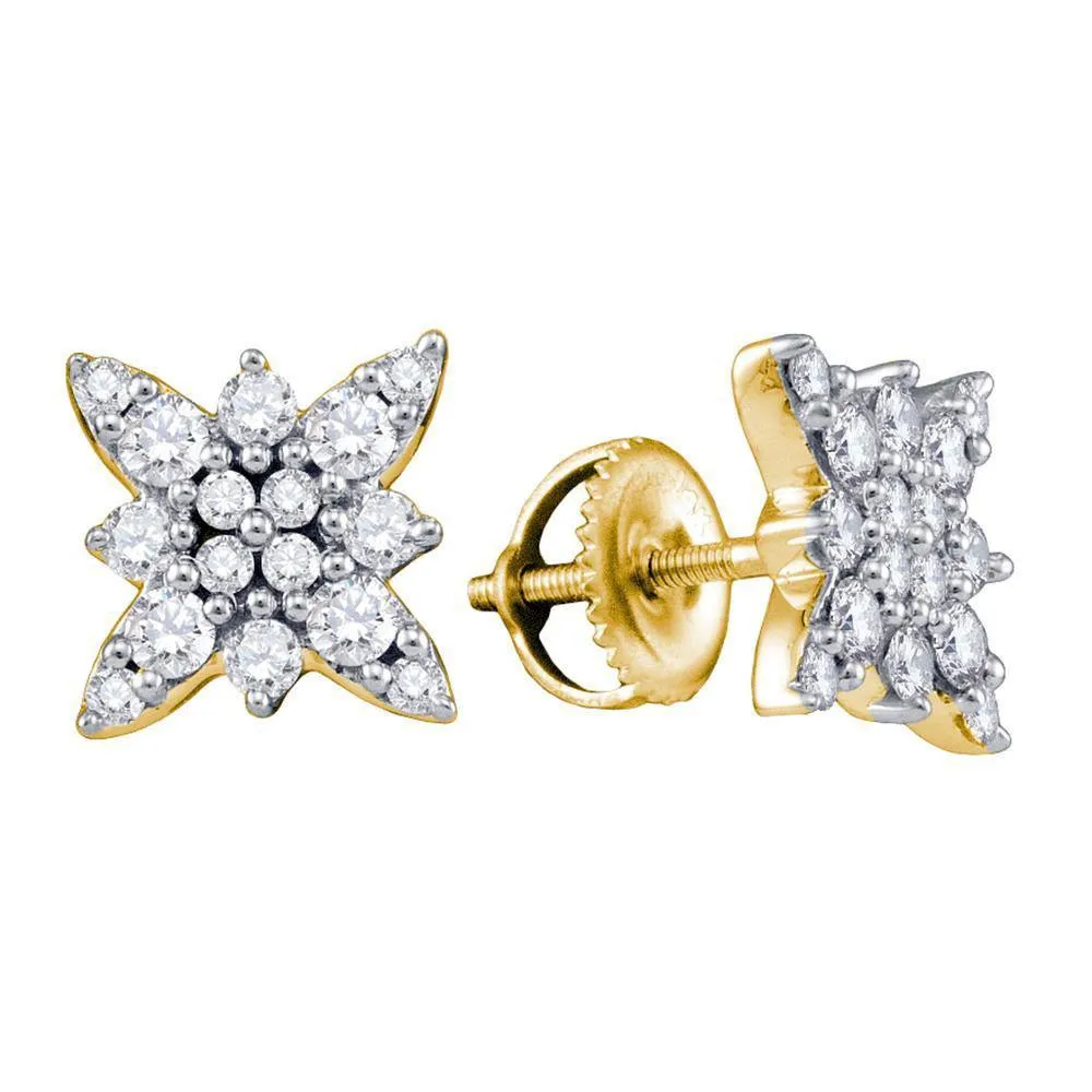 14K Yellow Gold Round Diamond Cluster Stud Screwback Earrings 3/4 Cttw