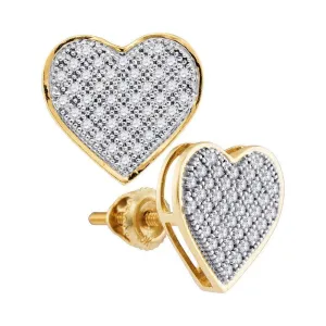 14K Yellow Gold Round Diamond Heart Cluster Screwback Earrings 1/4 Cttw