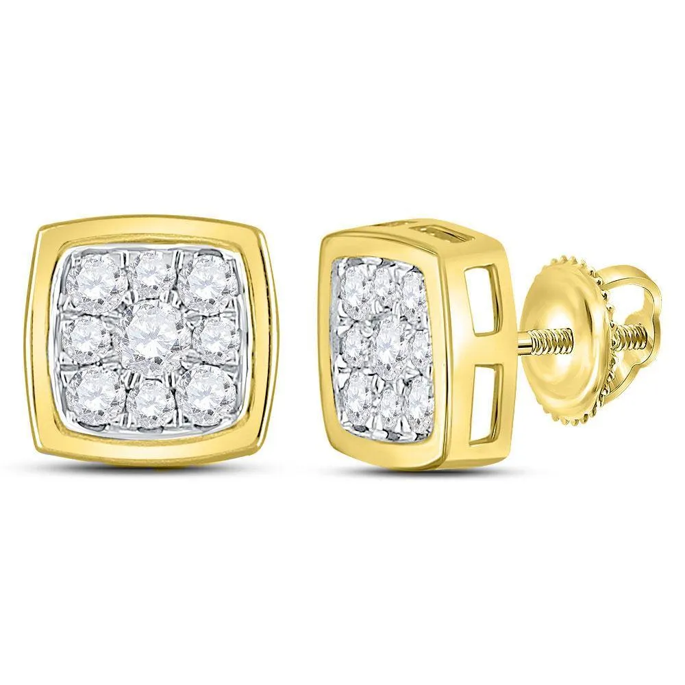 14K Yellow Gold Round Diamond Square Cluster Stud Earrings 1/2 Cttw