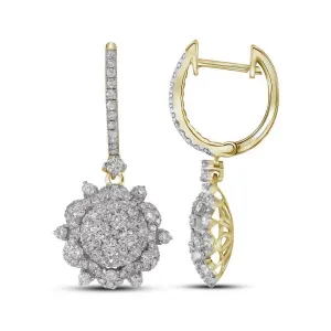 14K Yellow Gold Round Diamond Starburst Cluster Dangle Hoop Earrings 2-1/4 Cttw