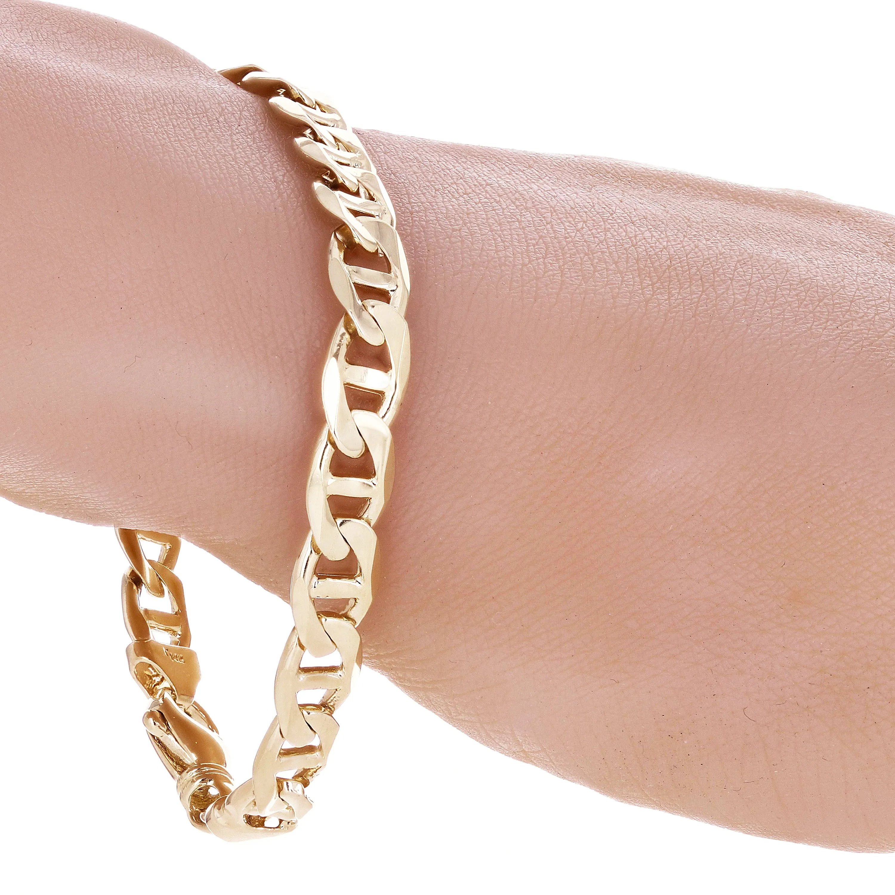 14k Yellow Gold Solid Anchor Mariner Link Chain Bracelet 7.7mm Various Lengths