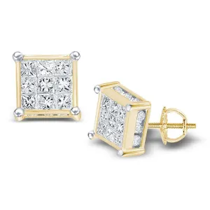 14kt Yellow Gold Womens Princess Diamond Square Cluster Stud Earrings 3/4 Cttw