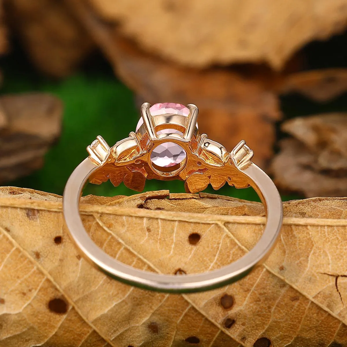 1.5 CT Round Cut Natueal Inspired Leaf Vines Design Pink Morganite Engagement Ring