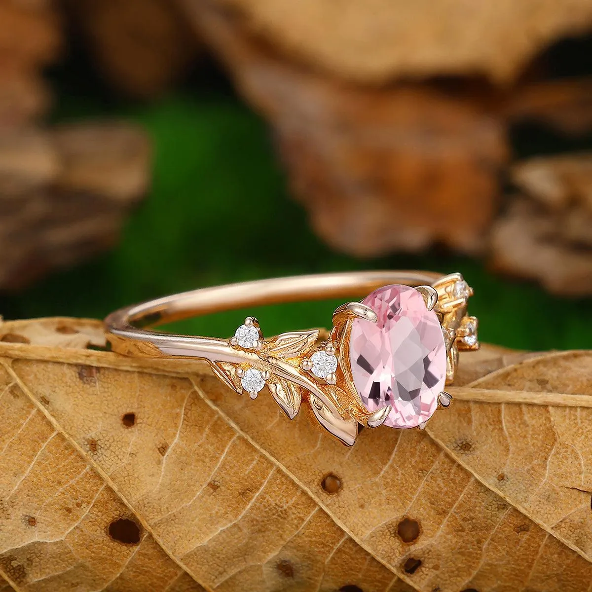 1.5 CT Round Cut Natueal Inspired Leaf Vines Design Pink Morganite Engagement Ring