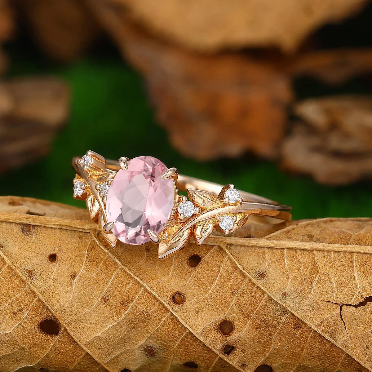 1.5 CT Round Cut Natueal Inspired Leaf Vines Design Pink Morganite Engagement Ring