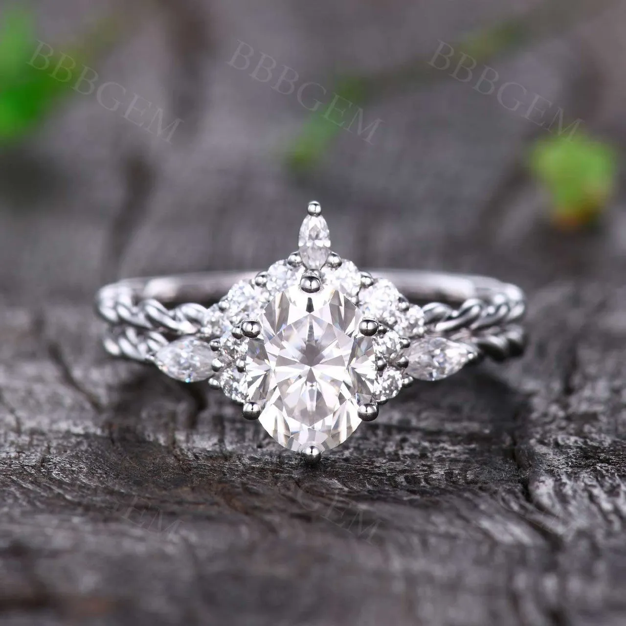1.5CT Oval Cut Moissanite Promise Ring Curved Moissanite Matching Band