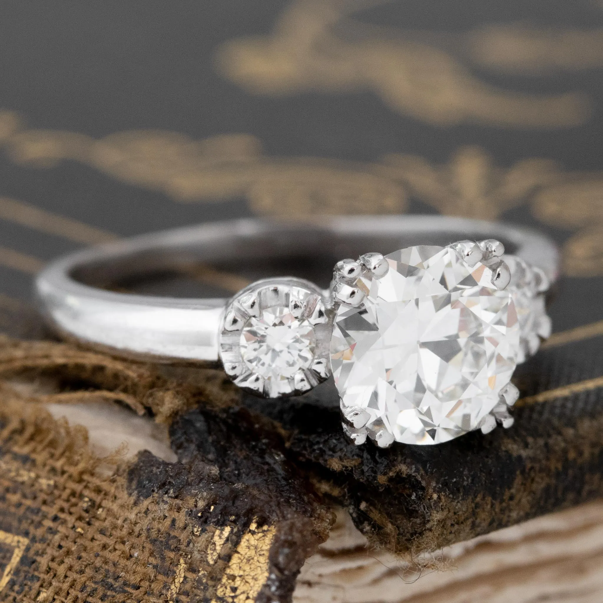 1.71ctw Transitional Cut Diamond Vintage Trilogy Ring, GIA I VS2