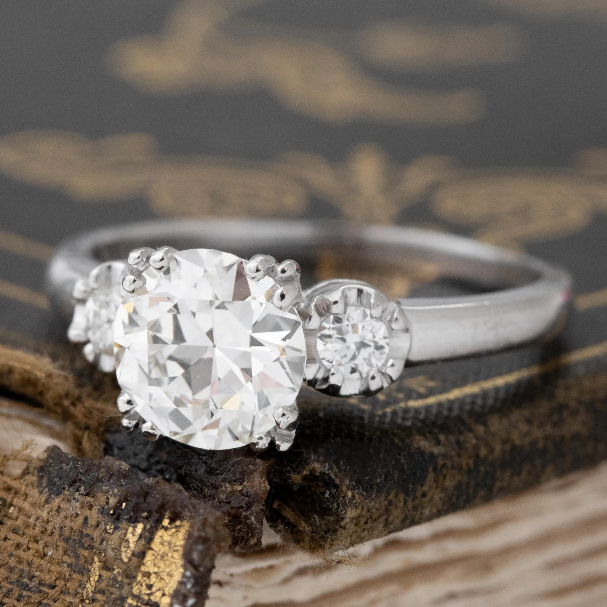 1.71ctw Transitional Cut Diamond Vintage Trilogy Ring, GIA I VS2
