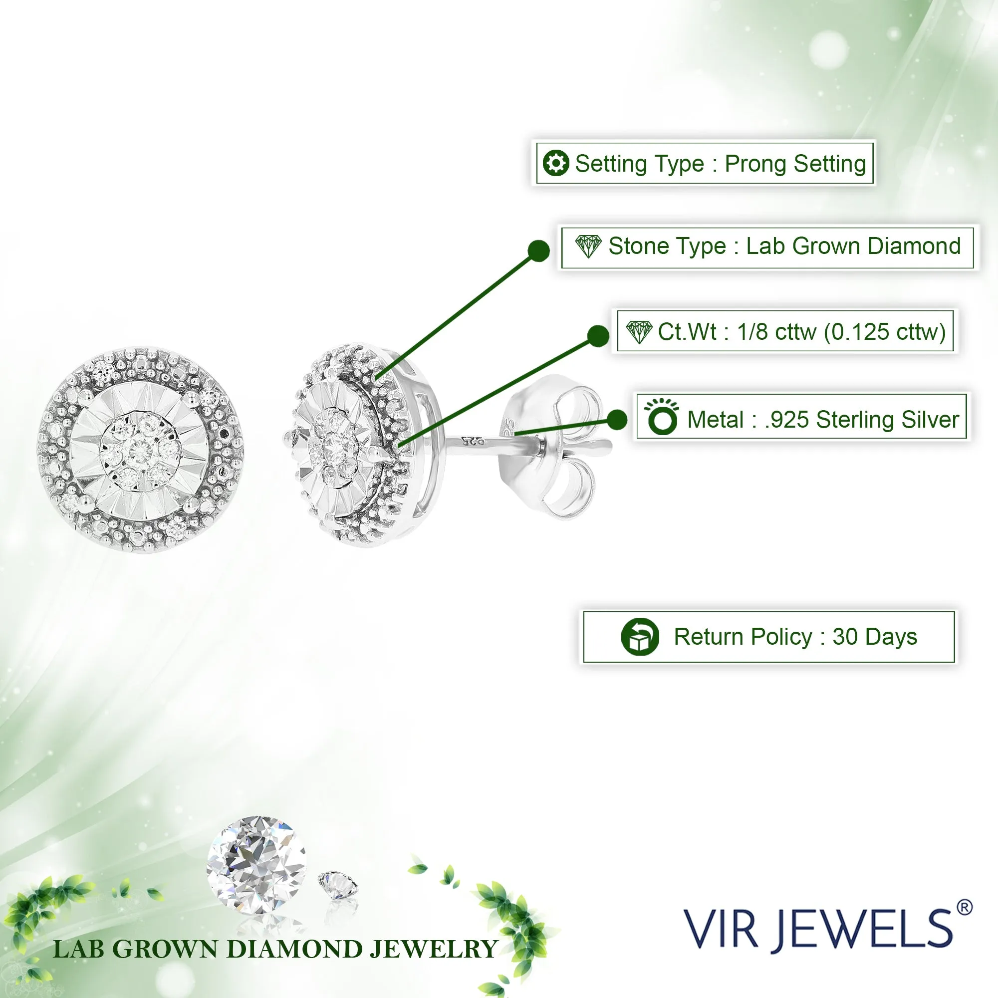 1/8 cttw Composite Diamond Stud Earrings in .925 Sterling Silver