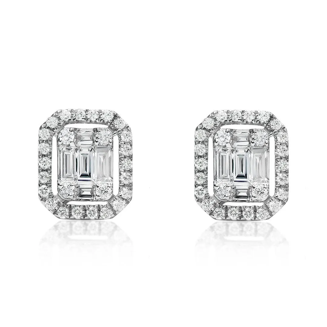 18K White Gold Half Carat Baguette and Round Cut Diamond Earrings