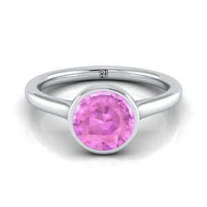 18K White Gold Round Brilliant Pink Sapphire Simple Bezel Solitaire Engagement Ring