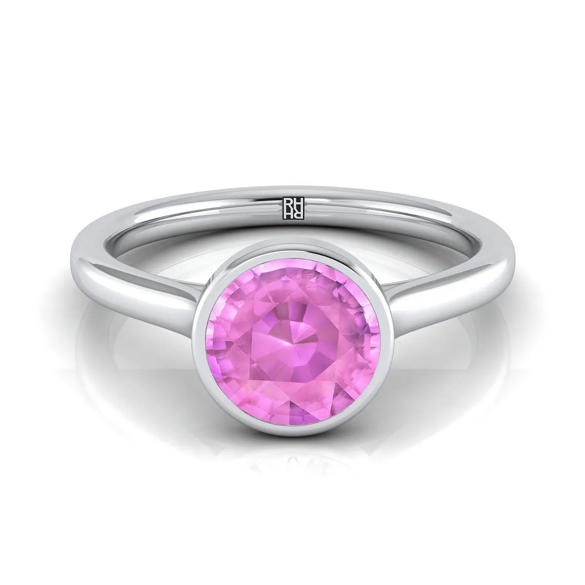 18K White Gold Round Brilliant Pink Sapphire Simple Bezel Solitaire Engagement Ring
