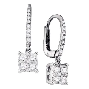 18K White Gold Round Diamond Cluster Dangle Earrings 3/4 Cttw