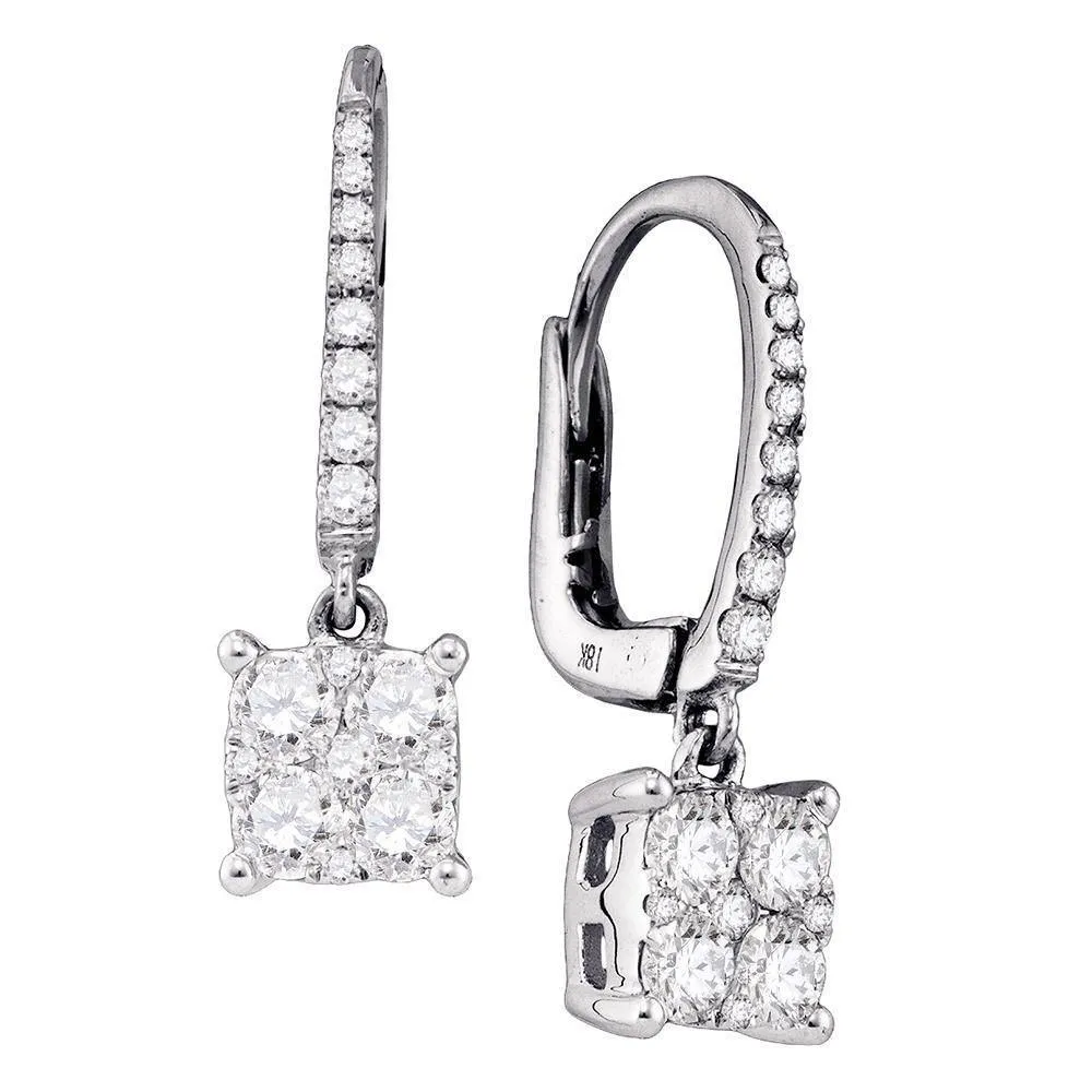 18K White Gold Round Diamond Cluster Dangle Earrings 3/4 Cttw