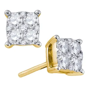 18K Yellow Gold Round Diamond Square Cluster Screwback Earrings 1.00 Cttw