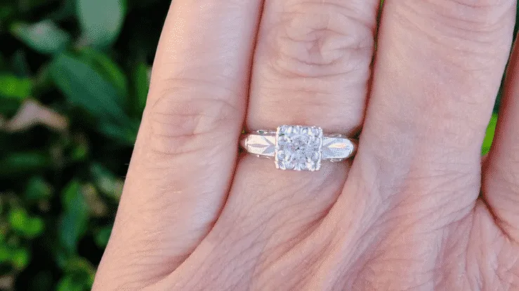 1940's Mid Century Illusion Vintage Solitaire Diamond Engagement Ring in 14 Karat White Gold