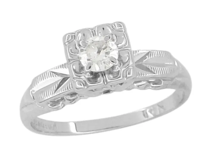 1940's Mid Century Illusion Vintage Solitaire Diamond Engagement Ring in 14 Karat White Gold