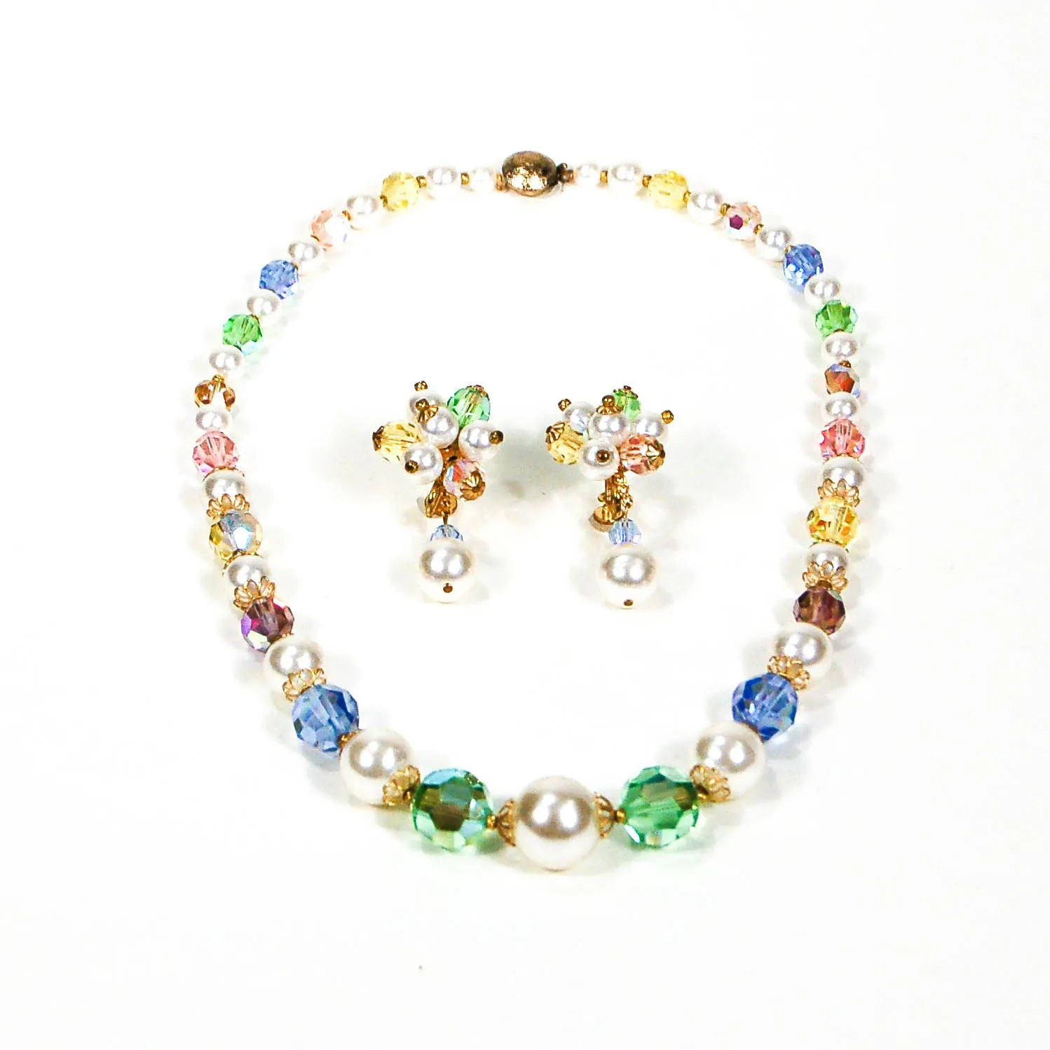 1960's Pastel Crystal and Pearl Necklace and Earrings Set