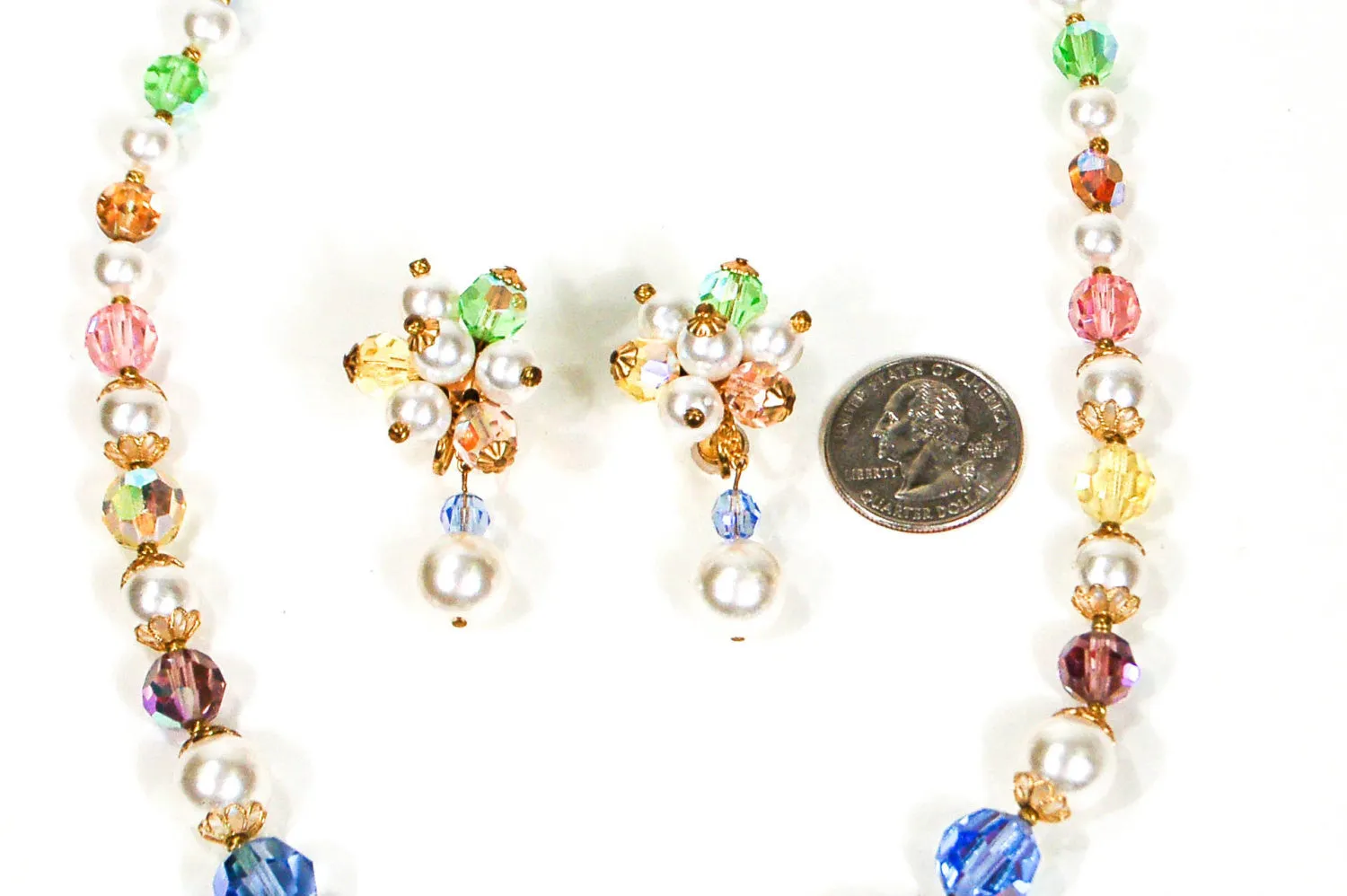 1960's Pastel Crystal and Pearl Necklace and Earrings Set