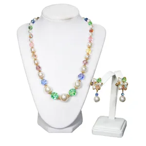 1960's Pastel Crystal and Pearl Necklace and Earrings Set