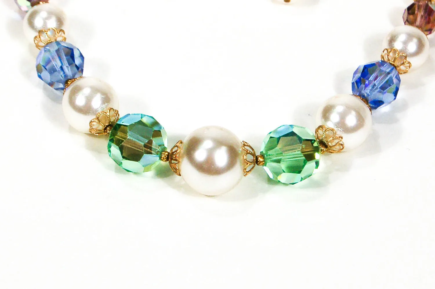1960's Pastel Crystal and Pearl Necklace and Earrings Set