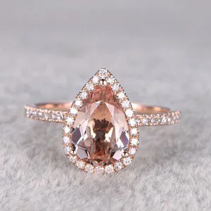 2 Carat Pear Shaped Morganite Engagement Ring Diamond Promise Ring 14k Rose Gold Halo Teardrop Design