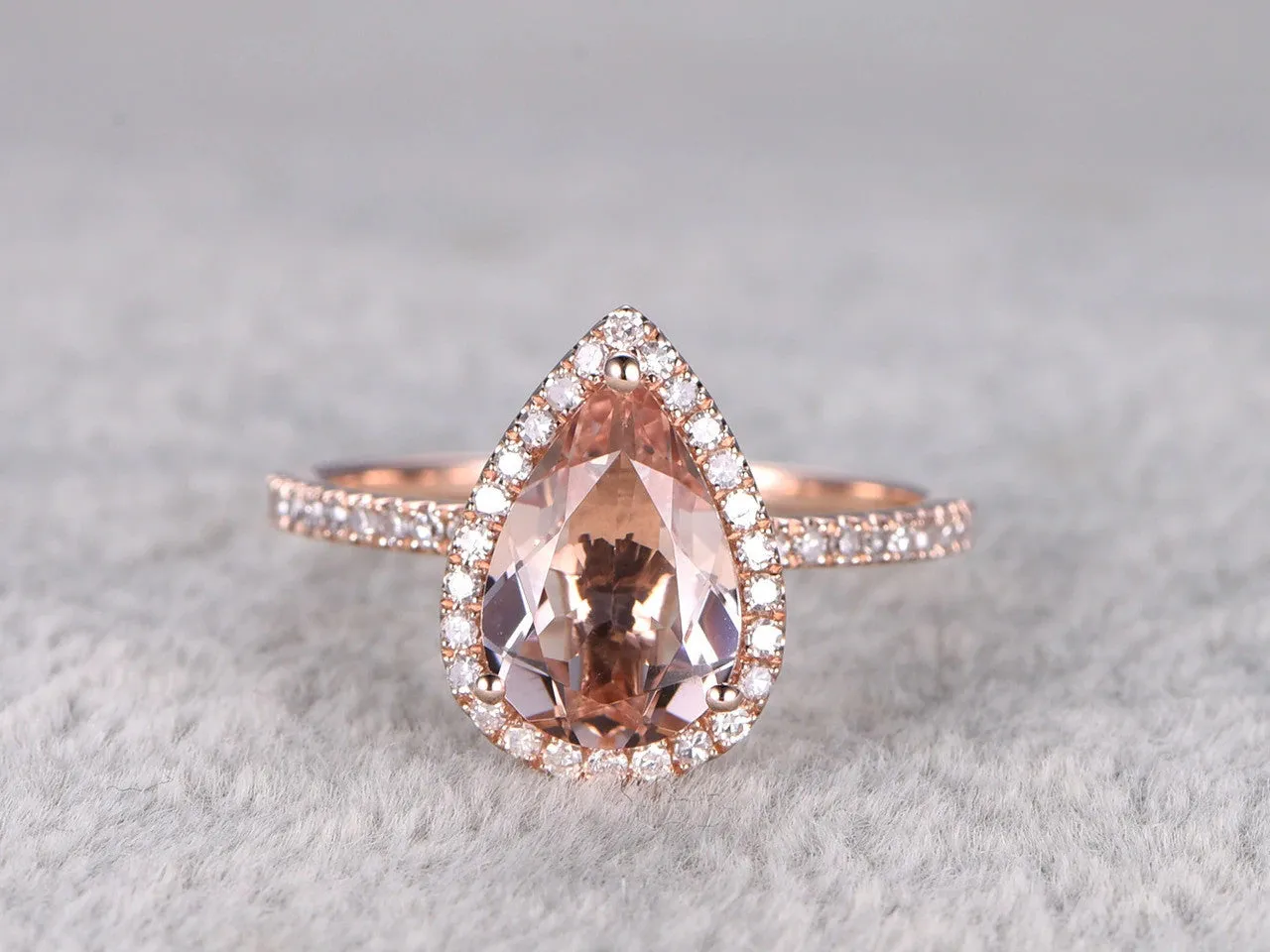 2 Carat Pear Shaped Morganite Engagement Ring Diamond Promise Ring 14k Rose Gold Halo Teardrop Design