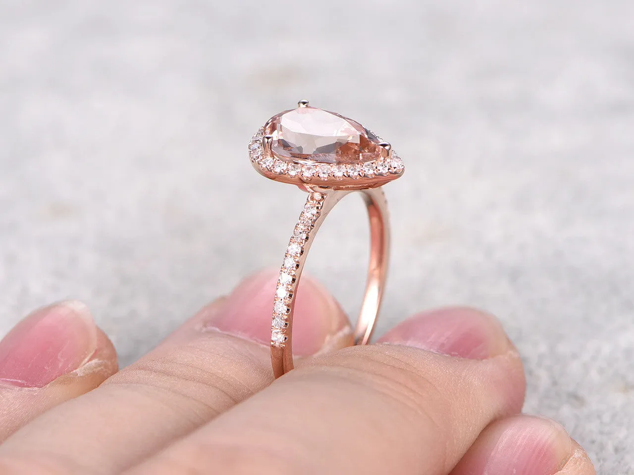 2 Carat Pear Shaped Morganite Engagement Ring Diamond Promise Ring 14k Rose Gold Halo Teardrop Design