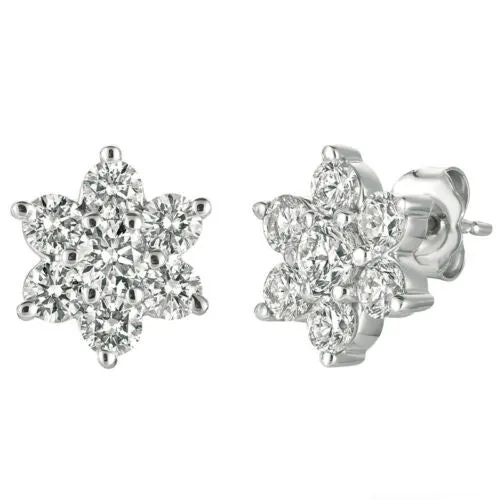 2.00 Carat Natural Diamond Cluster Flower Star Earrings G SI 14K White Gold