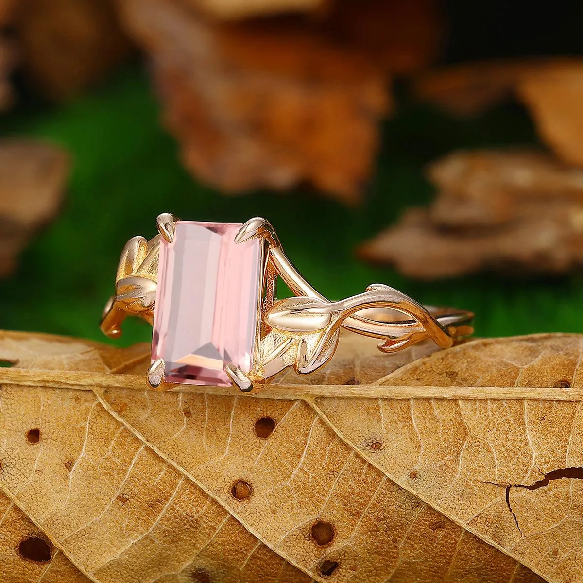 2.5 CT Emerald Cut Natural Pink Morganite Leaf Twist Design Solitaire Promise Ring