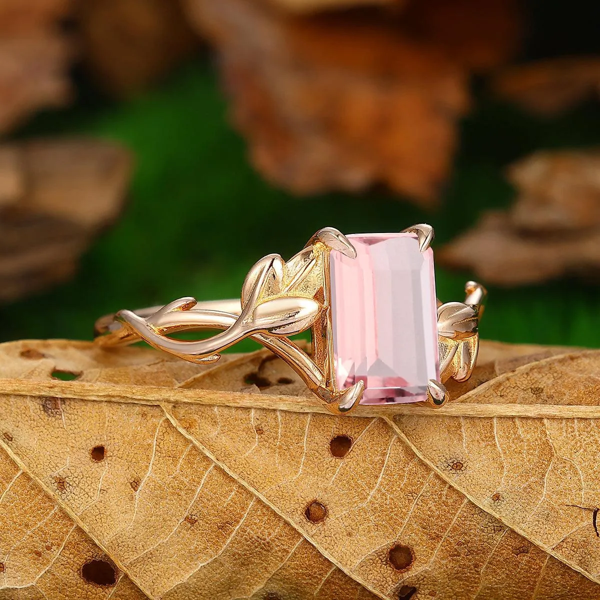 2.5 CT Emerald Cut Natural Pink Morganite Leaf Twist Design Solitaire Promise Ring