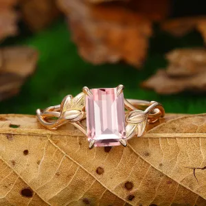 2.5 CT Emerald Cut Natural Pink Morganite Leaf Twist Design Solitaire Promise Ring