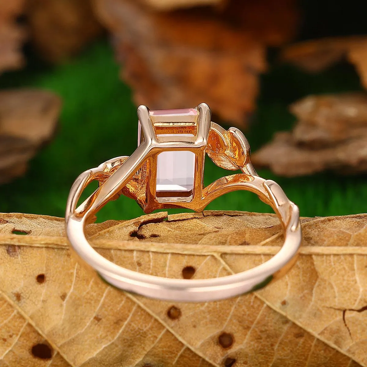 2.5 CT Emerald Cut Natural Pink Morganite Leaf Twist Design Solitaire Promise Ring