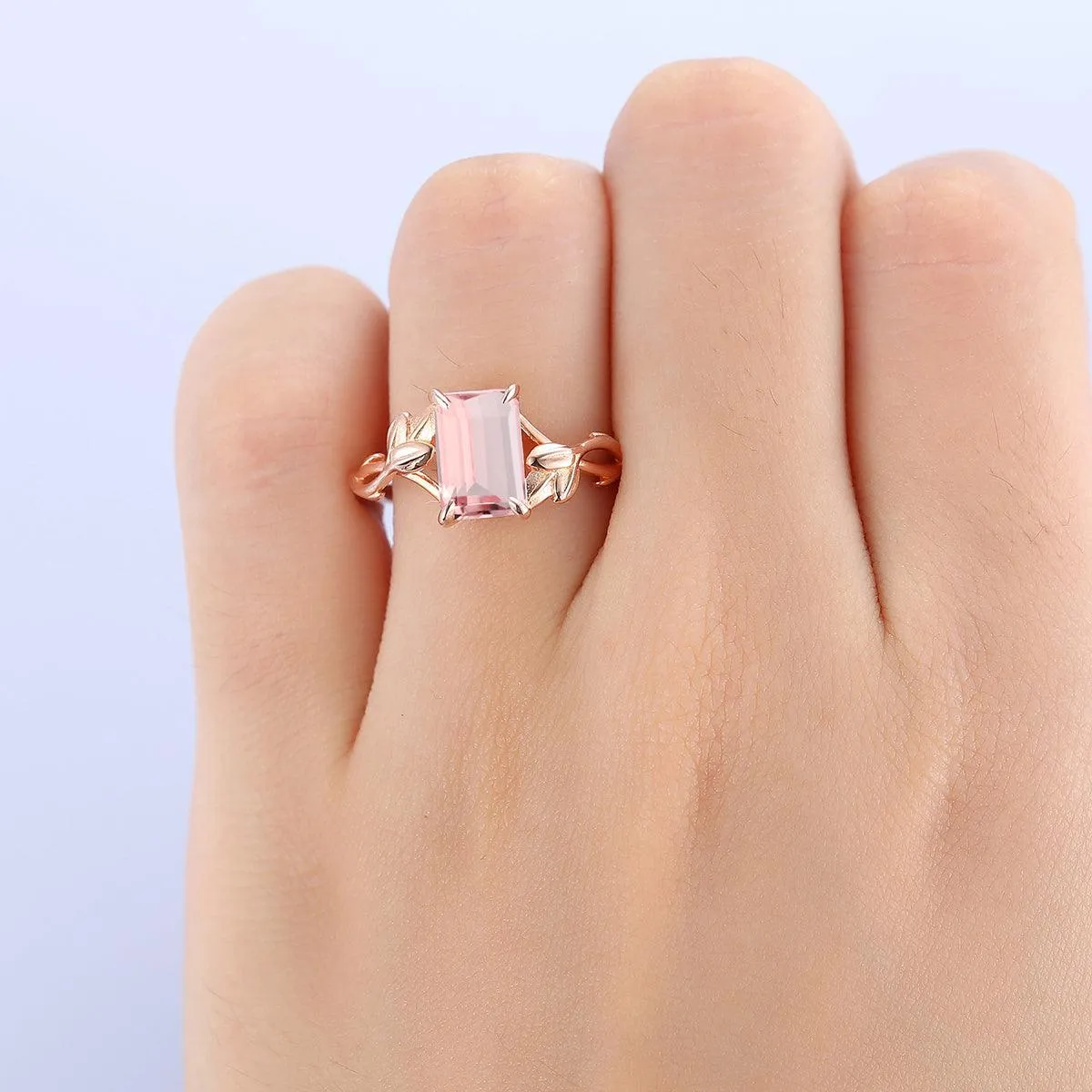 2.5 CT Emerald Cut Natural Pink Morganite Leaf Twist Design Solitaire Promise Ring