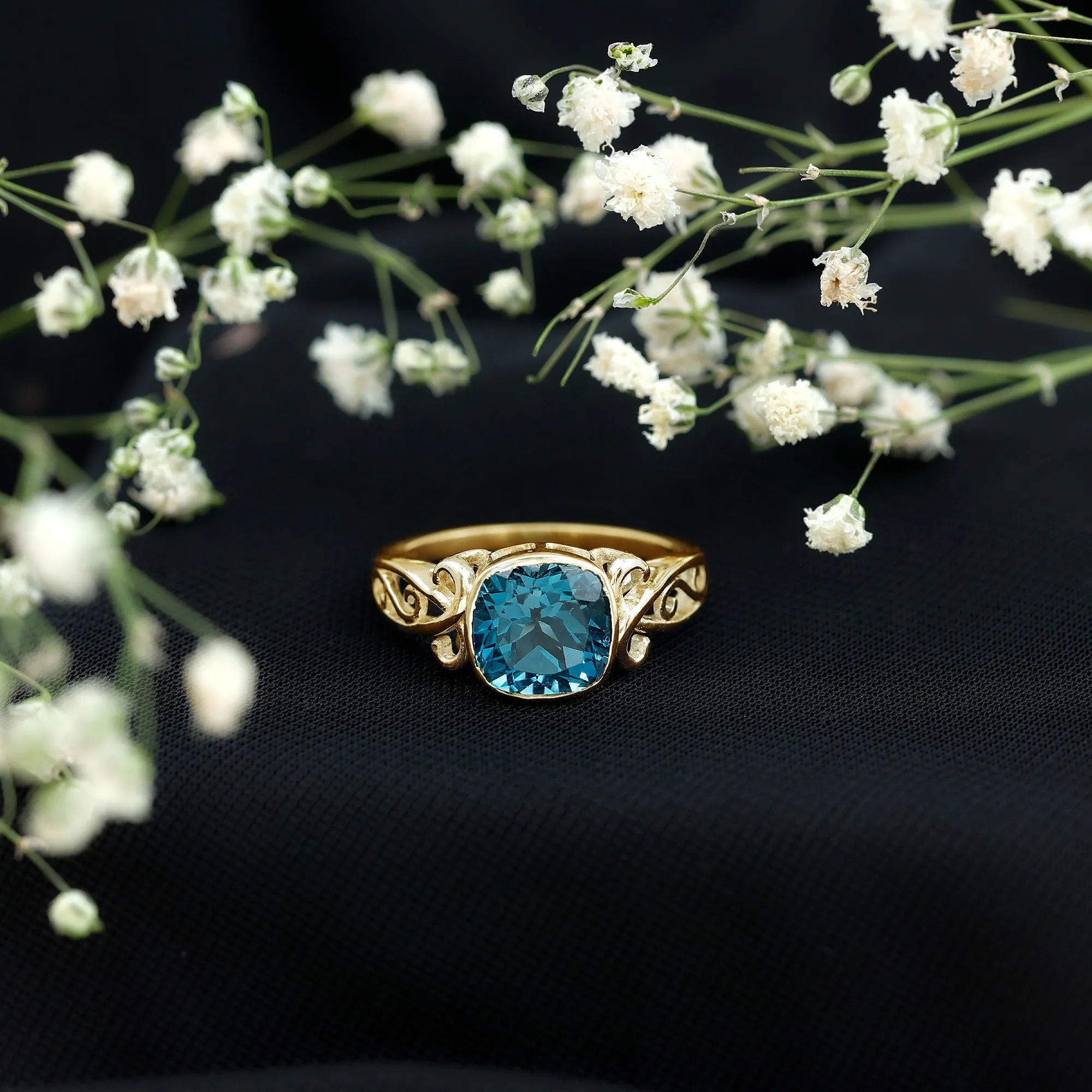 2.75 CT Vintage Style Cushion London Blue Topaz Solitaire Ring in Bezel Setting