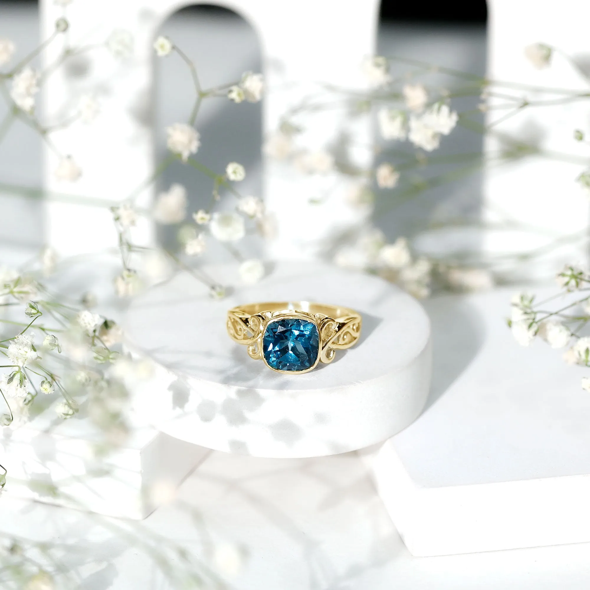 2.75 CT Vintage Style Cushion London Blue Topaz Solitaire Ring in Bezel Setting